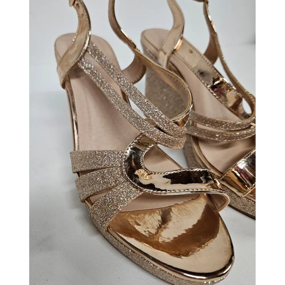 Forever Rose Gold Glitter Wedge Sandals Strappy Metallic Platform Heels 7.5